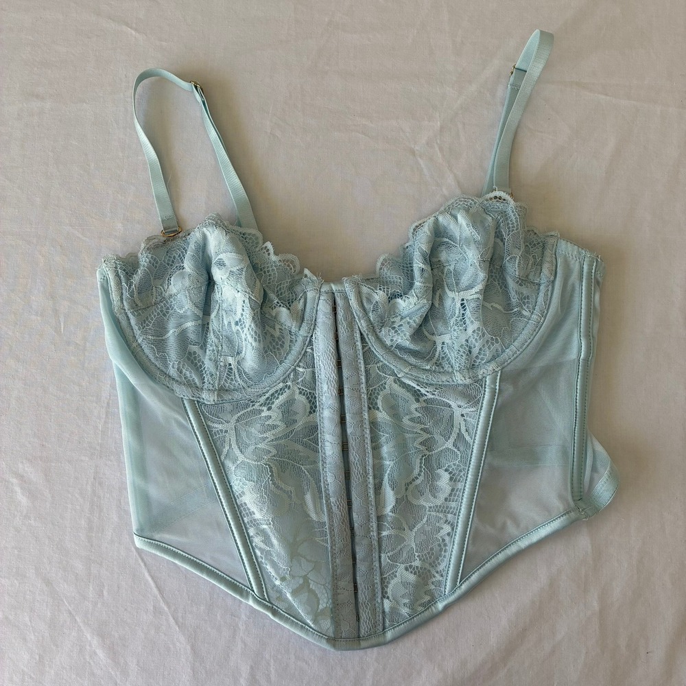 Primark Light Blue Lace Mesh Corset Top Underwired 34B Floral Boned Bustier